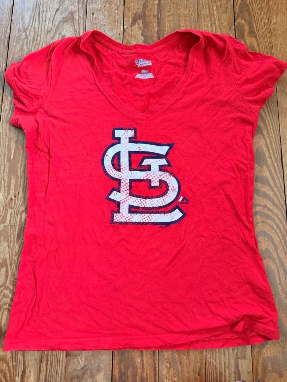 Majestic Red V-Neck Fan Top with White Logo